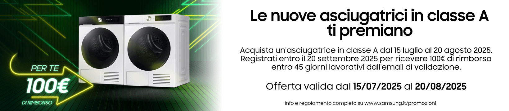 Cashback Samsung €100 su asciugatrici in classe A