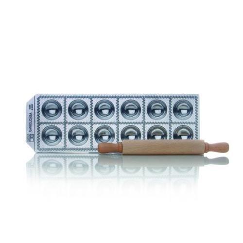 Risoli Stampo ravioli 12 fori con rullo legno RAVIOLCASA Silver 20074 11B