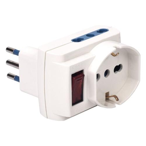 Poly Pool Adattatore con spina 10A e interruttore 2 prese 2P+T 10/16A bipasso italiano e 2 prese 2P+T (std italiano 10A e tedesco 16A terra laterale) Bianco PP2