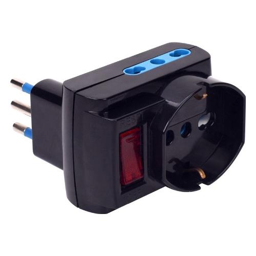 Poly Pool Adattatore con spina 10A e interruttore 2 prese 2P+T 10/16A bipasso italiano e 2 prese 2P+T (std italiano 10A e tedesco 16A terra laterale) Nero PP238