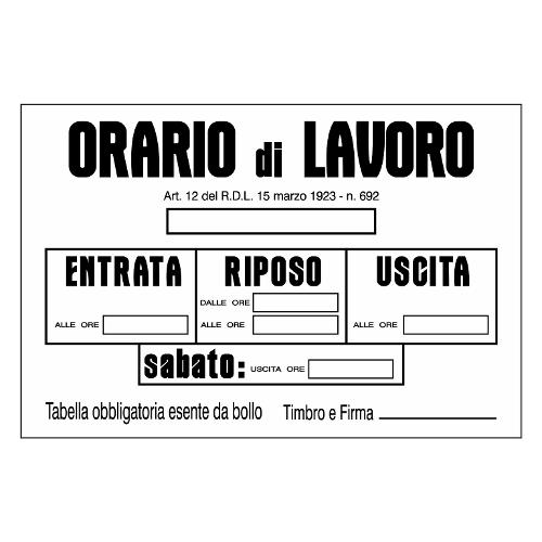 Cartello Orario Di Lavoro 30 X 20 Cm