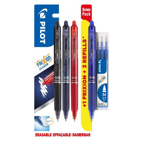 Pilot Set penne cancellabili roller scatto 3 pz tratto Medio - 0,7 mm con 3 refill Clicker FRIXION Colori assortiti gel 006807