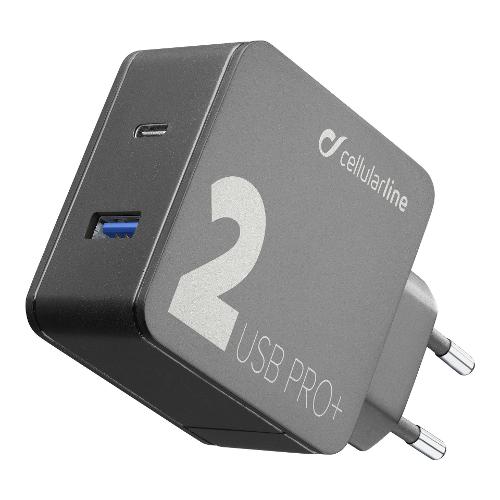 Cellular Line Caricabatterie USB Type-C, USB Type-A MULTIPOWER 2 36W Pro+ Power Delivery Black ACHUSB2QCPD36WK