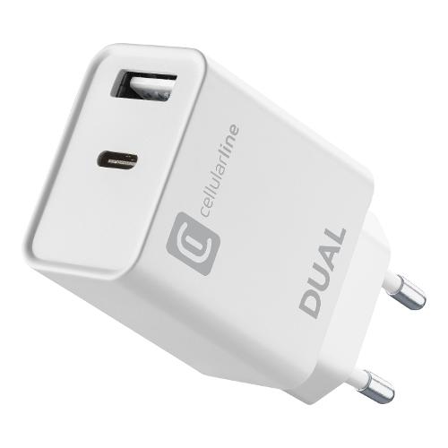 Cellular Line Caricabatterie USB Type-A, USB Type-C DUAL CHARGER 20W Power Delivery White ACHIPHUSB2PD20WW