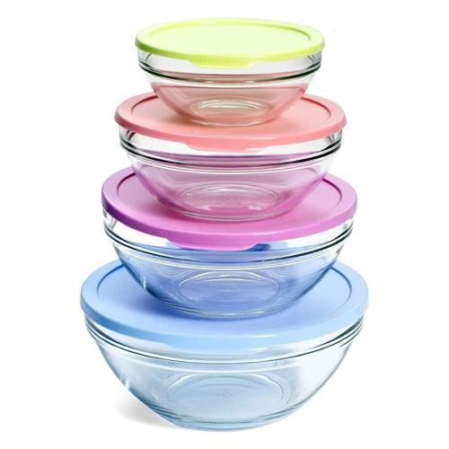 Pasabahce Set contenitori alimenti 4 pz tondo da 0,6 a 2,5 lt Colori assortiti
