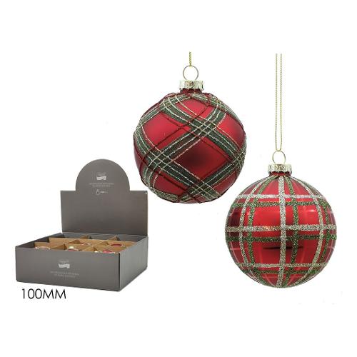 General Trade Pallina albero Natale (1pz-10cm) Vetro Sfera Rosso Scozzese Assortito 402978