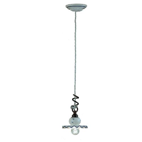 Ferroluce Sospensione ROMA Bianco con decoro filo blu (14x20cm) C405 NR 44 DEC FFB 1 luce - E14 - Max 42W