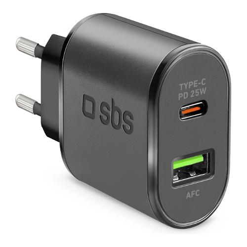 Sbs Caricabatterie USB Type-A, USB Type-C WALL CHARGER 25W Power Delivery Black TETRPD25W