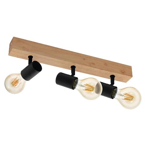 Eglo Set faretti spot TOWNSHEND 3 Nero e Legno (48x5cm) 98113 3 luci - E27 - Max 180W