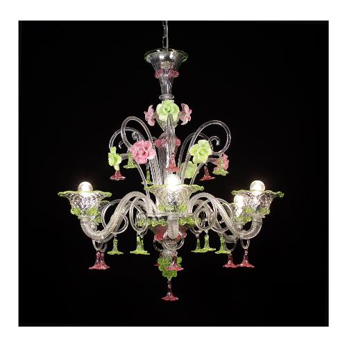 Belvetro Lampadario MOISE 6 Cristallo decoro rosa (75cm) MOISE6CRCR 6 luci - E14 - Max 240W