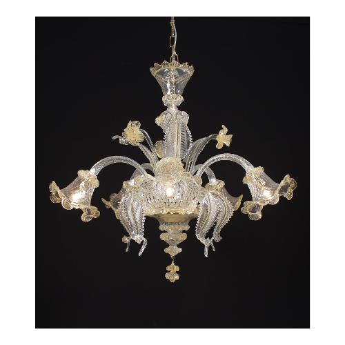 Belvetro Lampadario VENIER GIÙ 5 Cristallo decoro ambra (75cm) VENIERGIU5AMOR 5 luci - E14 - Max 200W