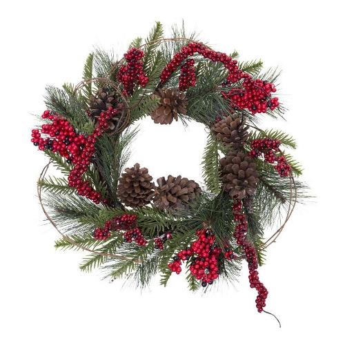 Amicasa Corona natalizia (45 cm) Con Pigne e Bacche Verde e Rosso 071689