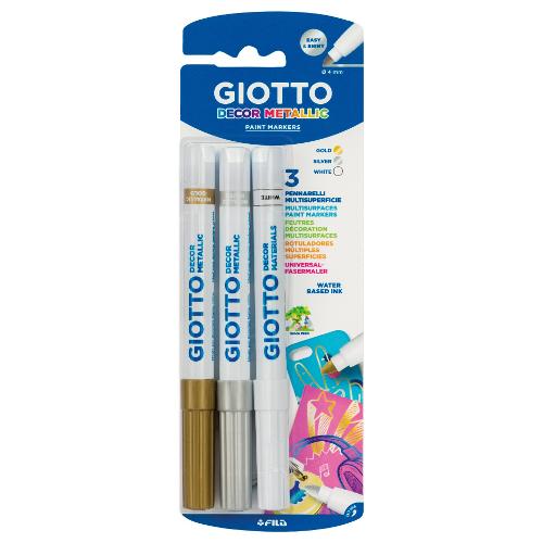 Fila Pennarelli decorativi multiuso sezione tonda 3 pz Multisurfaces tratto Maxi - 4,0 mm GIOTTO DECOR bianco, oro e argento F014700