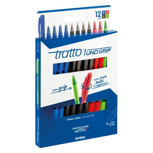 Fila Set penne a sfera apertura rotazione 12 pz tratto Medio - 0,5 mm TRATTO UNO GRIP Colori assortiti F812700