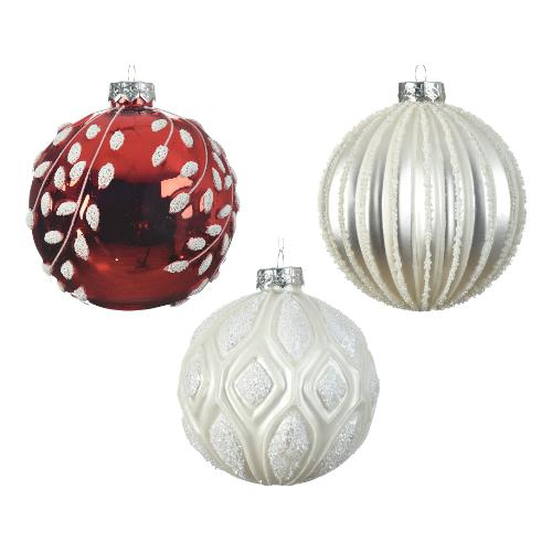 Kaemingk Pallina albero Natale (1pz-10cm) Vetro Sfera White red Assortito 062601