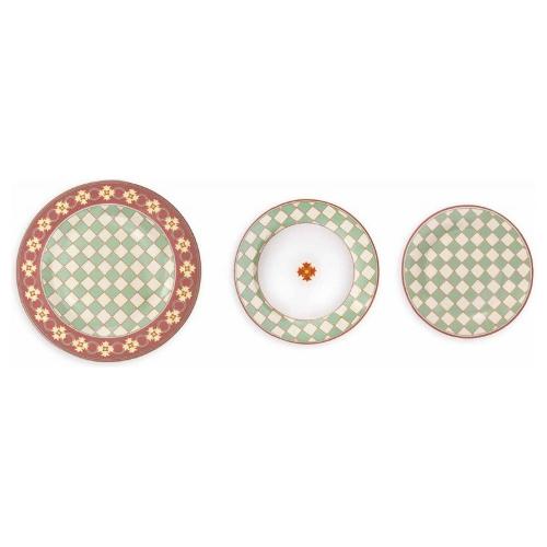 Brandani Servizio piatti Porcellana 18 pz Quadrella CEMENTINE Rosso e Verde 52526