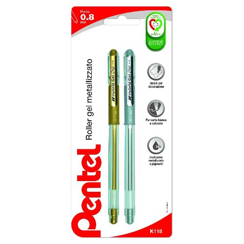 Pentel Set penne a sfera cappuccio 2 pz tratto Fine - 0,8 mm Grip HYBRID GEL Oro e Argento gel OX19080