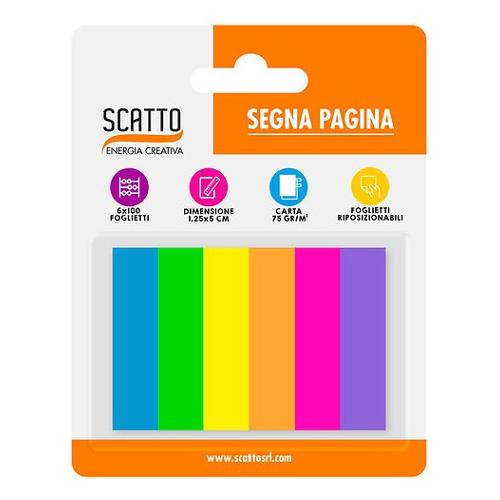 Scatto Segnapagina adesivi 6 blocchetti da 100 ff riposizionabili (1,25x5cm) Colori assortiti 994