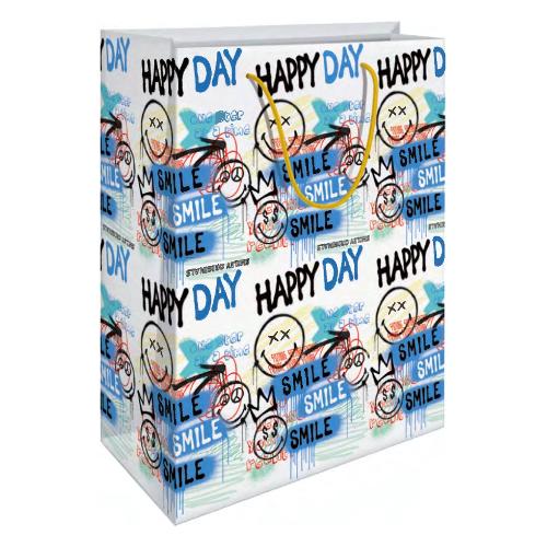 Marpimar Shopper regalo (26x12x32 cm) Happy Day SMILE Bianco e Azzurro SOSB04