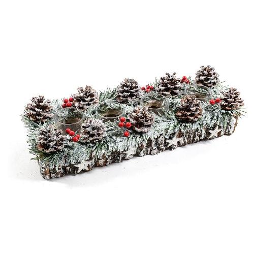 Mercury Porta candela (42x16x10cm) 4F con Pigne e Bacche Innevate CHRISTMAS 56128