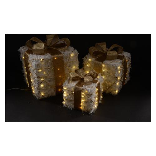 Decoro NATALE Set 3 Pacchi Regalo Metallo 15 20 25 cm Bianco e Oro