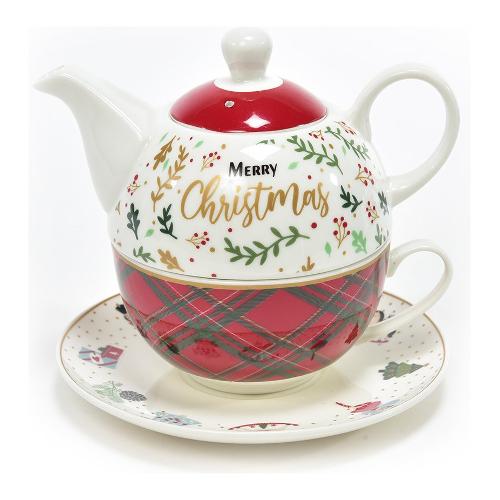 Mercury Teiera Porcellana (400ml) Con Tazza e Piattino CHRISTMAS Rosso 67025