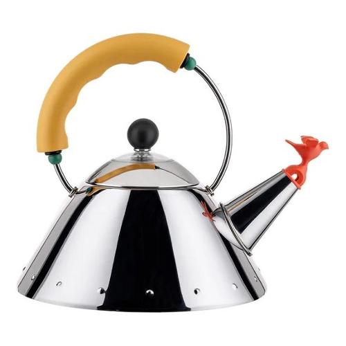Alessi Bollitore Inox (1L) con fischietto uccellino Cromo lucido e Giallo 9093 1 Y