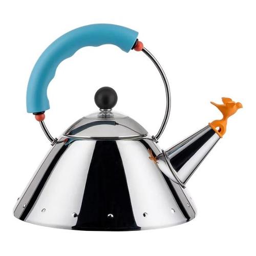 Alessi Bollitore Inox (1L) con fischietto uccellino Cromo lucido e Azzurro 9093 1 LAZ