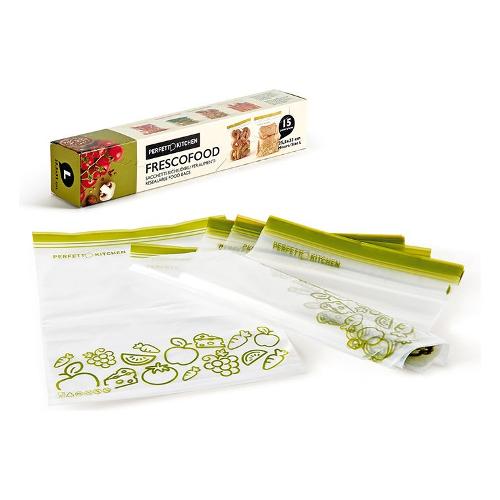 Perfetto Sacchetti congelatore 15 pz 25,5x33 cm Chiusura Ermetica FRESCOFOOD Trasparente e Verde 29163