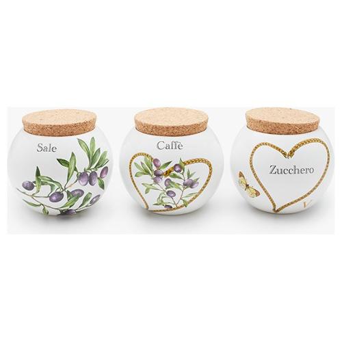 Ceramiche Viva Set barattoli 3 pz Boop Sale, Zucchero e Caffè (13x12,5cm) FRANTOIO Bianco e Verde T0809106