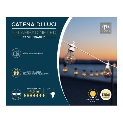 Catena luminosa 10 luci - LED HOME & GARDEN D.8 cm Prolungabile