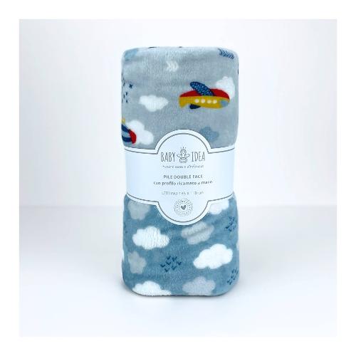 Baby Idea Coperta lettino Pile 100% poliestere double face (135x110cm) Aereo azzurro PFLA