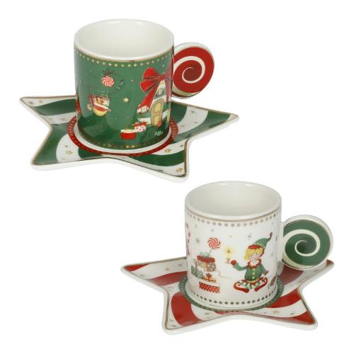 Set tazzine caffè 2pz ELFOMAGIA con piattino Colori e decori assortiti 12,5  x 6 cm 60ml 84560