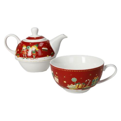 Brandani Teiera Porcellana (400ml) Con Tazza 200 ml ELFOMAGIA Rosso decorato 84548