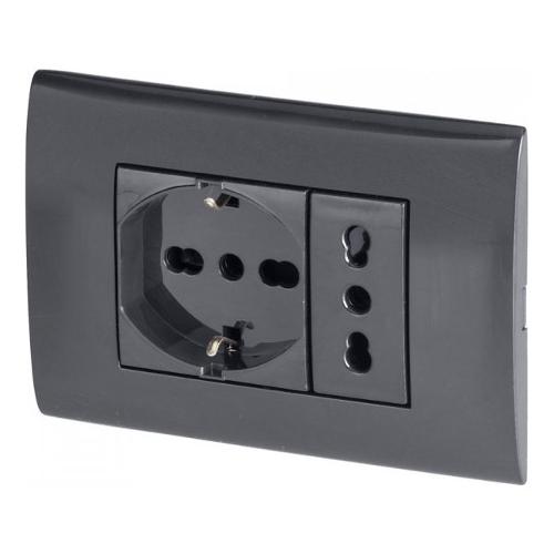 Poly Pool Placca elettrica con doppia presa antracite serie Premontata PP6094 1X Presa Pluristd 2P+T 10/16A; Presa Bipasso 2P+T 10/16A
