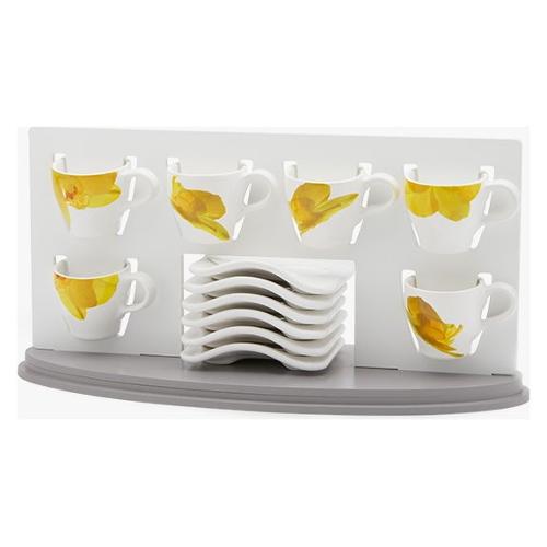 Ceramiche Viva Set tazzine caffè con piatto 6 pz (40x16,5x21cm) con supporto legno ORCHIDEA GIALLA T0717108