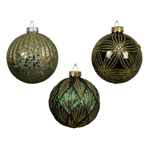 Kaemingk Pallina albero Natale (1pz-10cm) Vetro Sfera Green & Gold glitter Assortito 062692