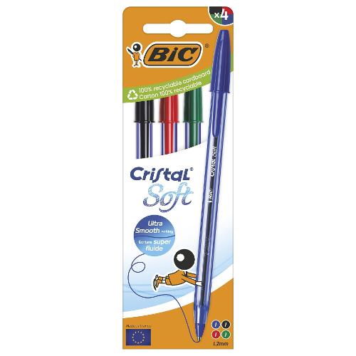 Bic Set penne a sfera cappuccio 4 pz tratto Medio - 1,2 mm Soft CRISTAL Colori assortiti 516343