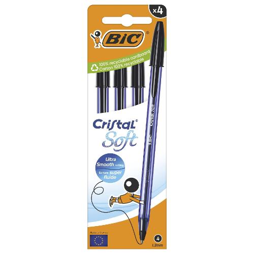 Bic Set penne a sfera cappuccio 4 pz tratto Medio - 1,2 mm Soft CRISTAL Nero Easy glide 516342