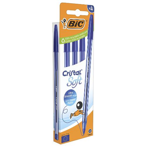 Bic Set penne a sfera cappuccio 4 pz tratto Medio - 1,2 mm Soft CRISTAL Blu Easy glide 516341
