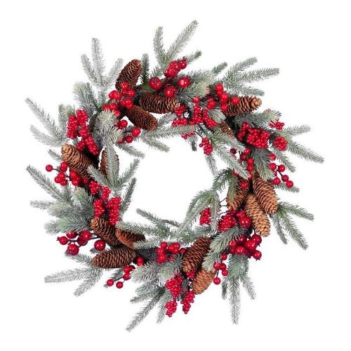 Amicasa Corona natalizia (60 cm) Pigne e bacche Verde brinato e Rosso 092246