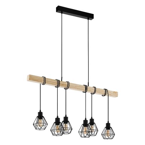 Eglo Sospensione TOWNSHEND 5 Nero e Legno (100x20x110cm) 44076 6 luci - E27 - Max 360W