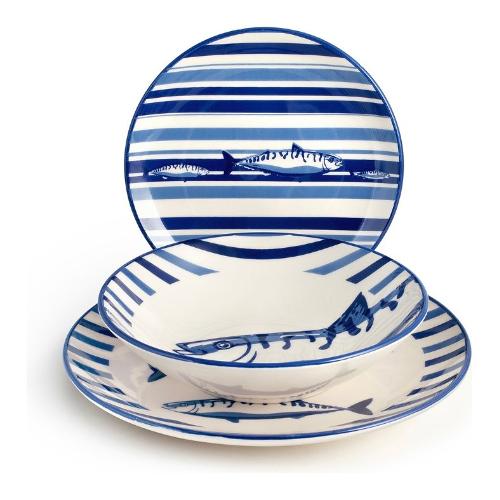 H&H Servizio piatti Stoneware 18 pz PUERTO Bianco e Blu 1493100