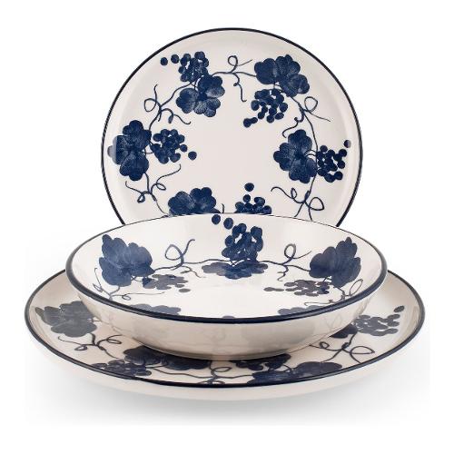 H&H Servizio piatti Stoneware 18 pz NORDIC PROVENCE Bianco e Blu 1495000