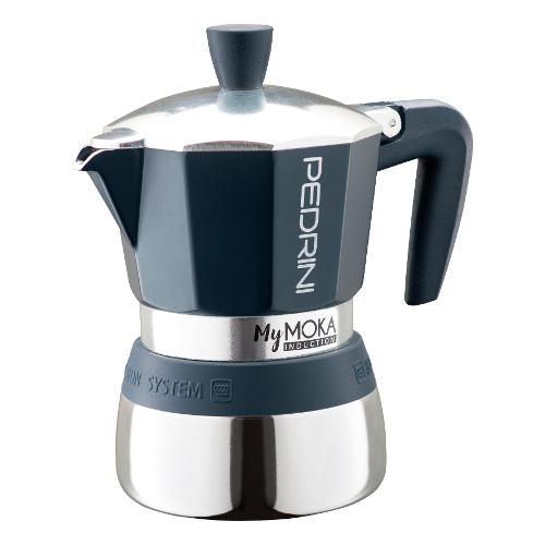 Pedrini Caffettiera Alluminio 3 Tazze MYMOKA INDUCTION Velvet Blue e Cromo 02CF164