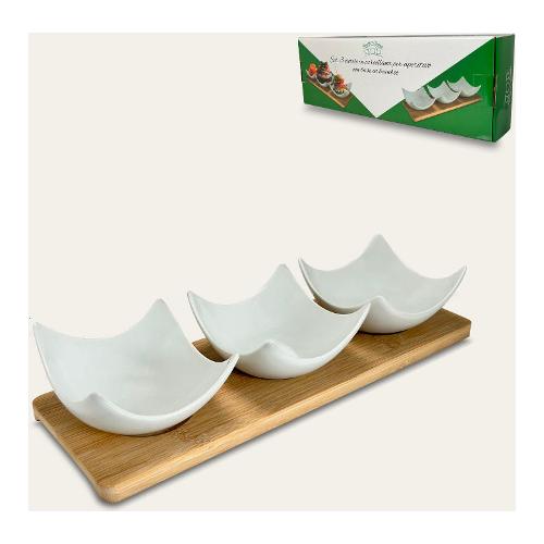Ar.Ca. Set coppette Ceramica 3 pz (8,5cm) con vassoio bamboo 26 cm Bianco 956103