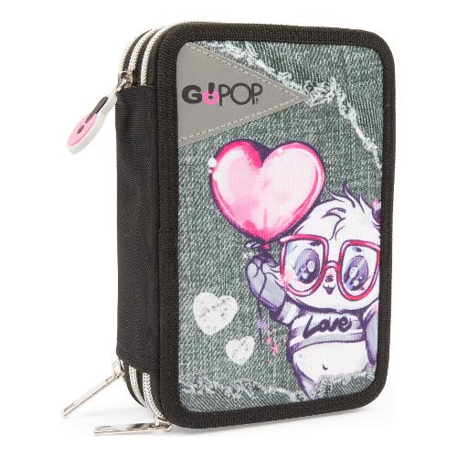 Go Pop Astuccio triplo scomparto accessoriato PANDERFUL Grigio e Rosa GG9X9510 36 colori con penne e accessori