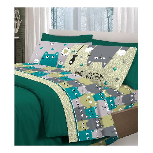 Savoltex Completo letto piazza e mezza cotone PENSIERI Happycat verde
