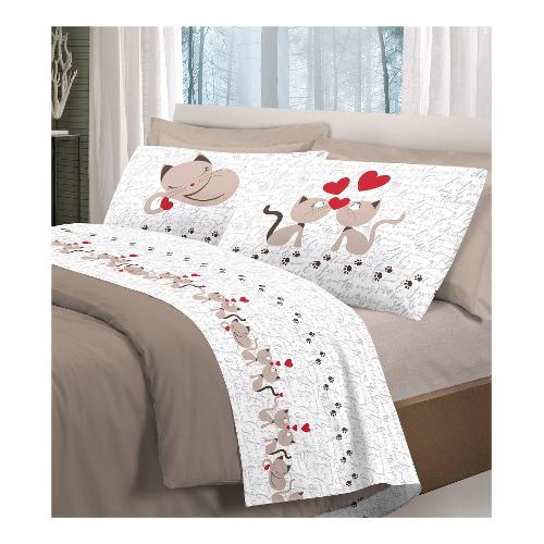 Savoltex Completo letto piazza e mezza cotone PENSIERI Gattini beige