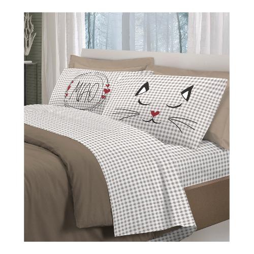 Savoltex Completo letto piazza e mezza cotone PENSIERI Miao beige